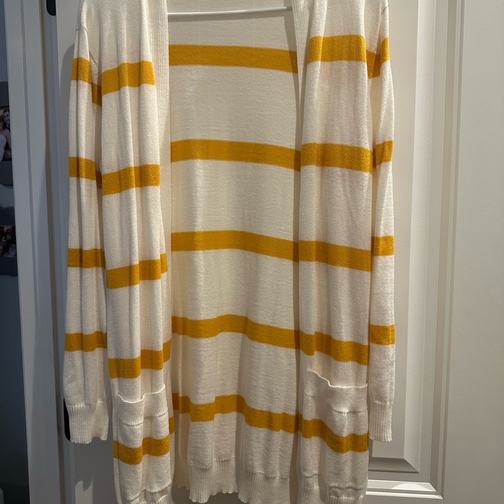 Chic Striped Midi Yellow and White Women's Cardigan